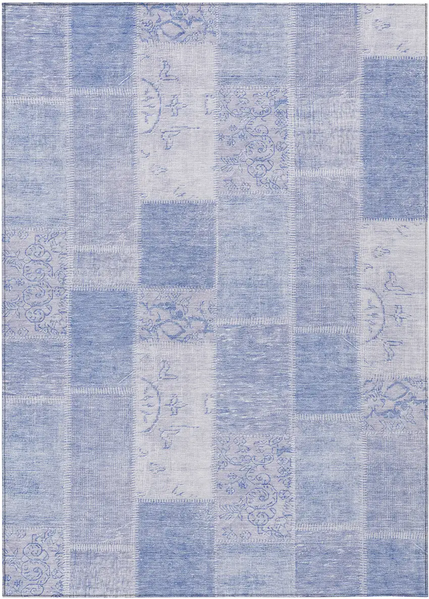 Sky Blue And Denim Blue Patchwork Washable Indoor Outdoor Area Rug Photo 1