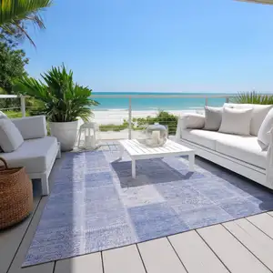 Photo of Sky Blue And Denim Blue Patchwork Washable Indoor Outdoor Area Rug