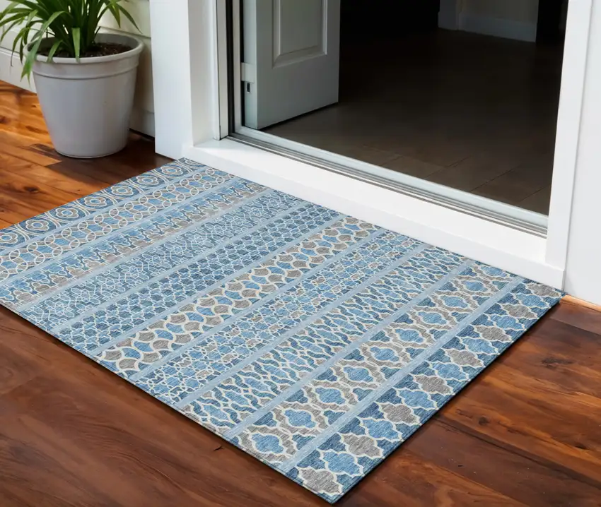 Sky Blue And Denim Blue Quatrefoil Washable Indoor Outdoor Area Rug Photo 1
