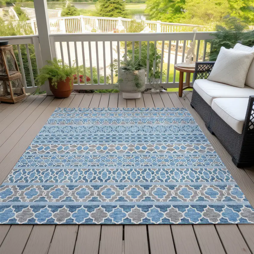 Sky Blue And Denim Blue Quatrefoil Washable Indoor Outdoor Area Rug Photo 8