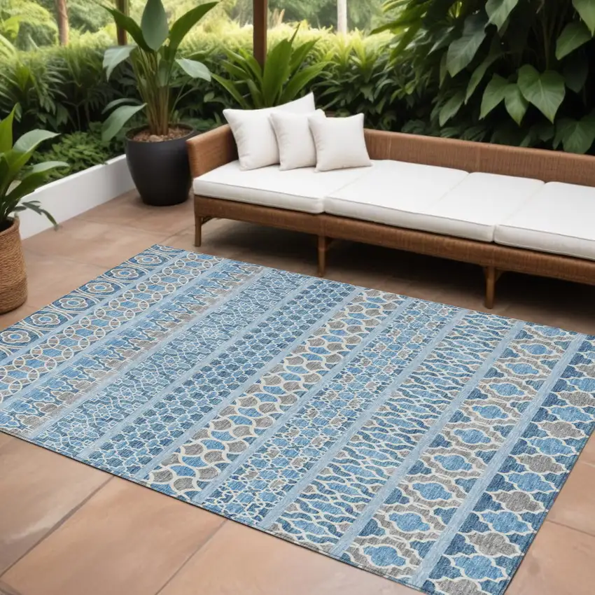 Sky Blue And Denim Blue Quatrefoil Washable Indoor Outdoor Area Rug Photo 1