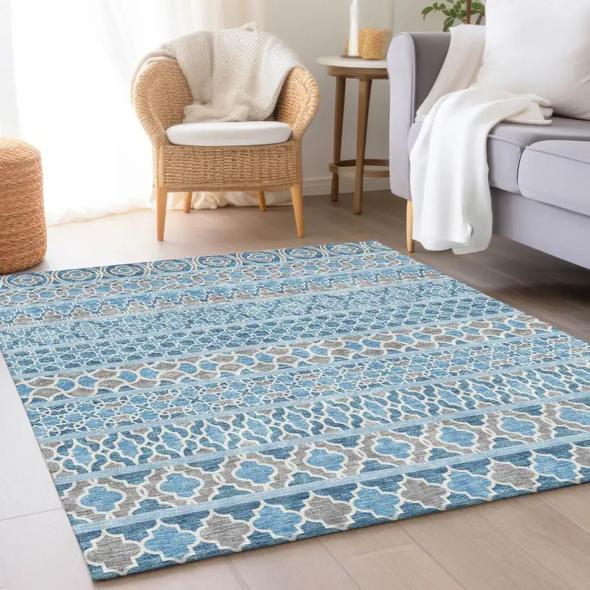 Sky Blue And Denim Blue Quatrefoil Washable Indoor Outdoor Area Rug Photo 9