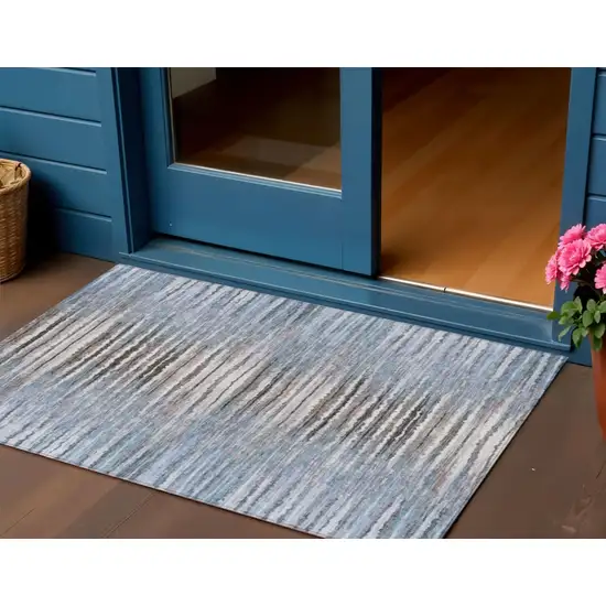 Sky Blue And Denim Blue Striped Washable Indoor Outdoor Area Rug Photo 1