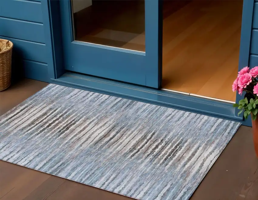 Sky Blue And Denim Blue Striped Washable Indoor Outdoor Area Rug Photo 1