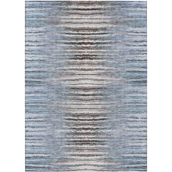 Sky Blue And Denim Blue Striped Washable Indoor Outdoor Area Rug Photo 2