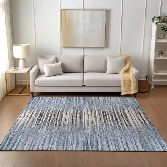 Sky Blue And Denim Blue Striped Washable Indoor Outdoor Area Rug Photo 7