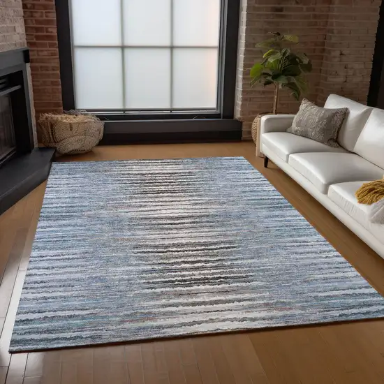 Sky Blue And Denim Blue Striped Washable Indoor Outdoor Area Rug Photo 8