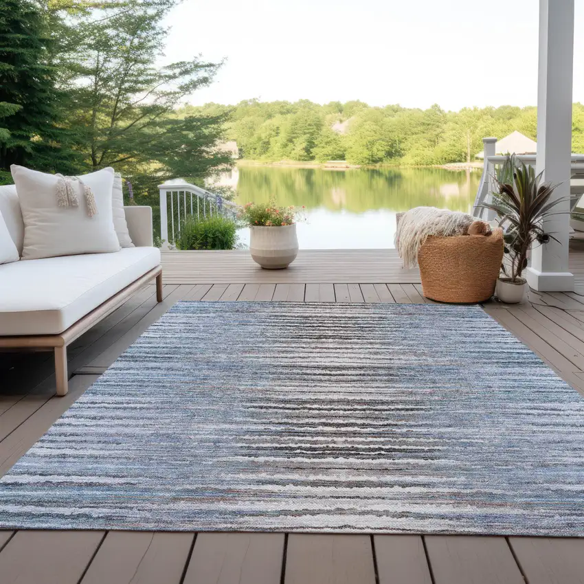 Sky Blue And Denim Blue Striped Washable Indoor Outdoor Area Rug Photo 9
