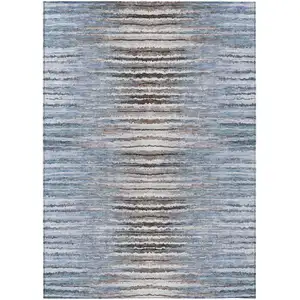 Photo of Sky Blue And Denim Blue Striped Washable Indoor Outdoor Area Rug