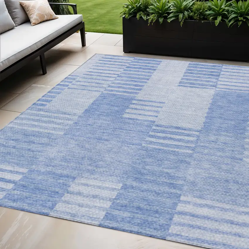 Sky Blue And Denim Blue Striped Washable Indoor Outdoor Area Rug Photo 1