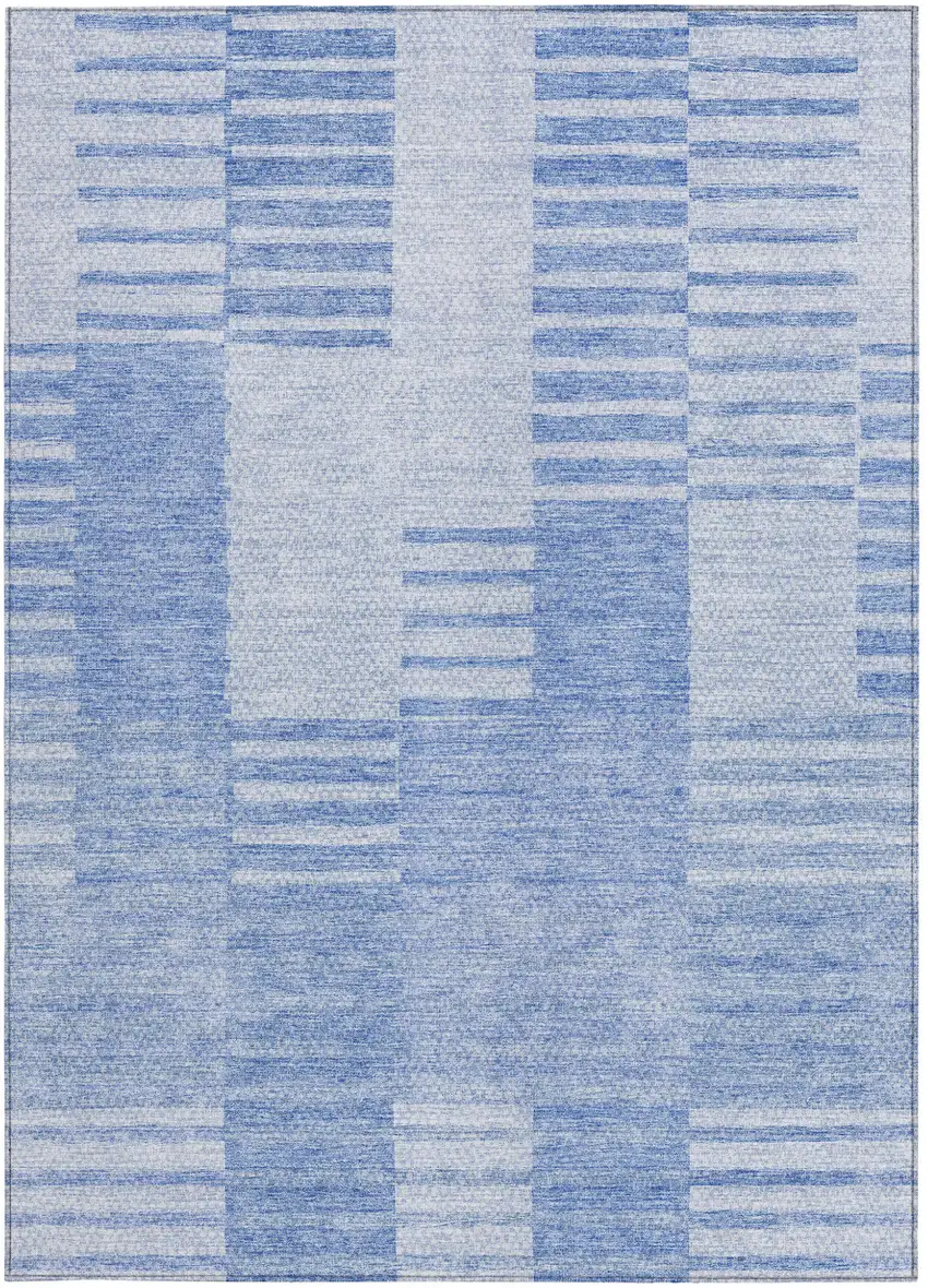 Sky Blue And Denim Blue Striped Washable Indoor Outdoor Area Rug Photo 6