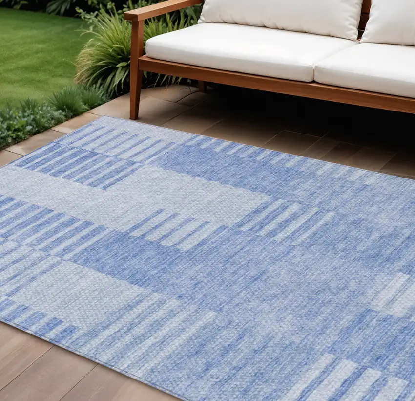 Sky Blue And Denim Blue Striped Washable Indoor Outdoor Area Rug Photo 1