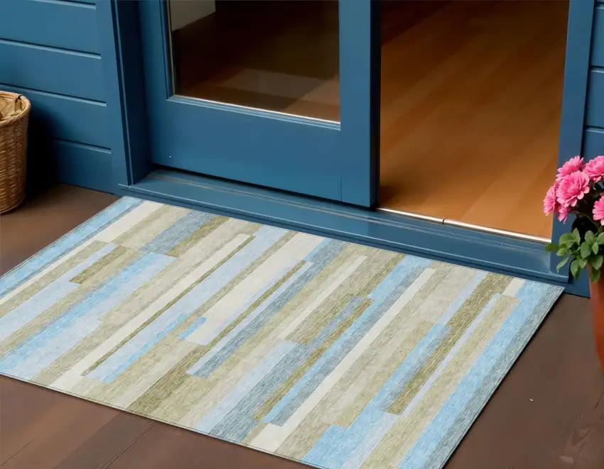 Sky Blue And Denim Blue Striped Washable Indoor Outdoor Area Rug Photo 2
