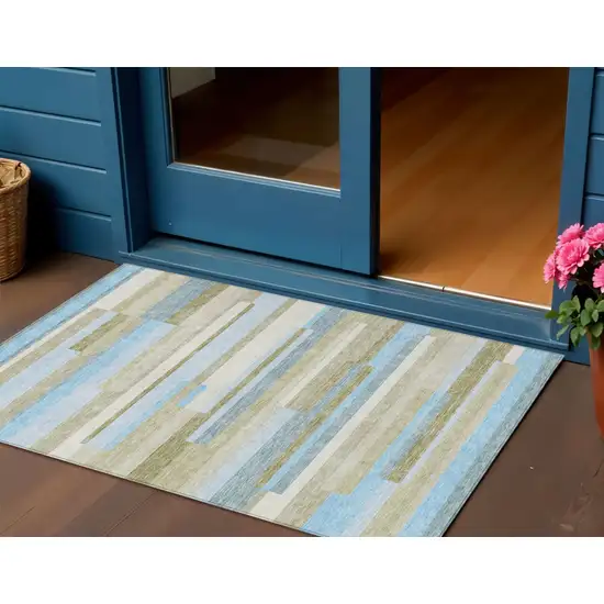 Sky Blue And Denim Blue Striped Washable Indoor Outdoor Area Rug Photo 2