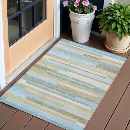 Sky Blue And Denim Blue Striped Washable Indoor Outdoor Area Rug Photo 1