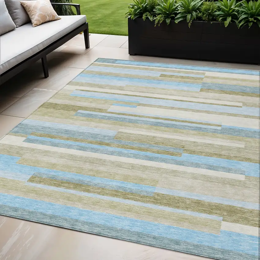 Sky Blue And Denim Blue Striped Washable Indoor Outdoor Area Rug Photo 1