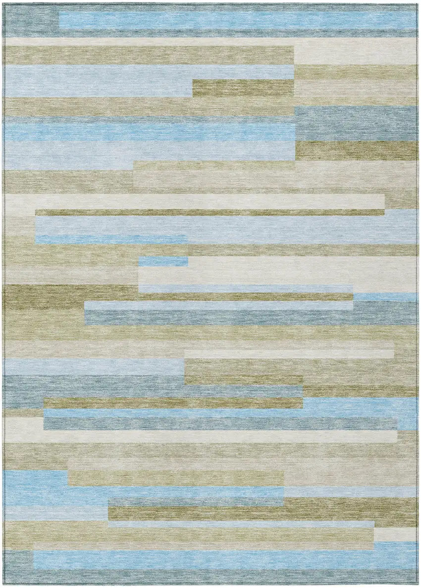 Sky Blue And Denim Blue Striped Washable Indoor Outdoor Area Rug Photo 1