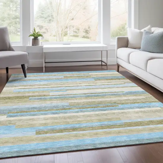 Sky Blue And Denim Blue Striped Washable Indoor Outdoor Area Rug Photo 7