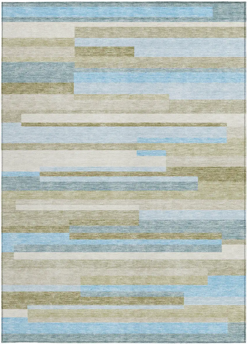Sky Blue And Denim Blue Striped Washable Indoor Outdoor Area Rug Photo 5
