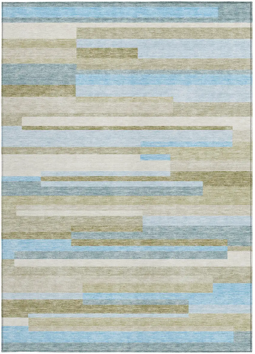 Sky Blue And Denim Blue Striped Washable Indoor Outdoor Area Rug Photo 5