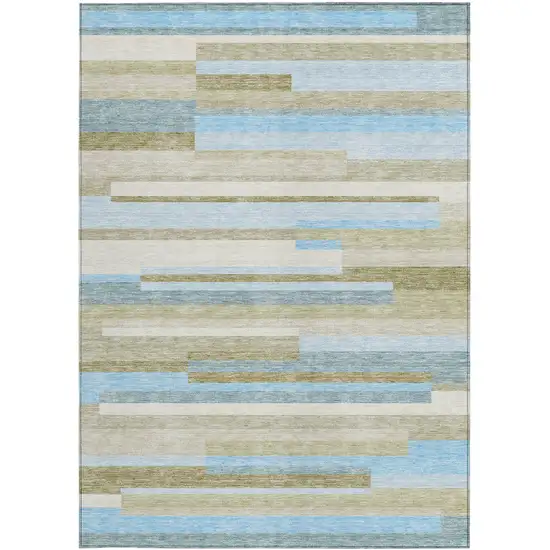 Sky Blue And Denim Blue Striped Washable Indoor Outdoor Area Rug Photo 5
