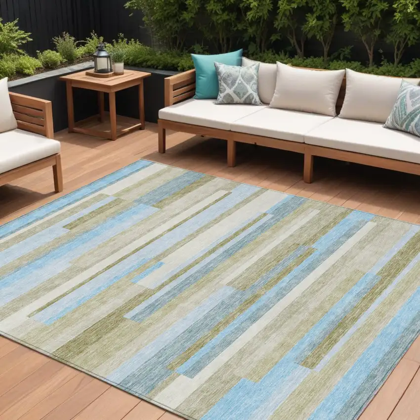 Sky Blue And Denim Blue Striped Washable Indoor Outdoor Area Rug Photo 1