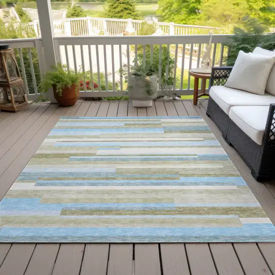 Sky Blue And Denim Blue Striped Washable Indoor Outdoor Area Rug Photo 6