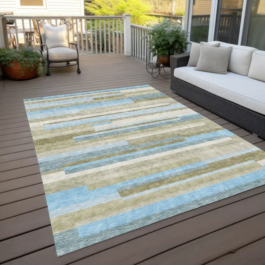 Sky Blue And Denim Blue Striped Washable Indoor Outdoor Area Rug Photo 9