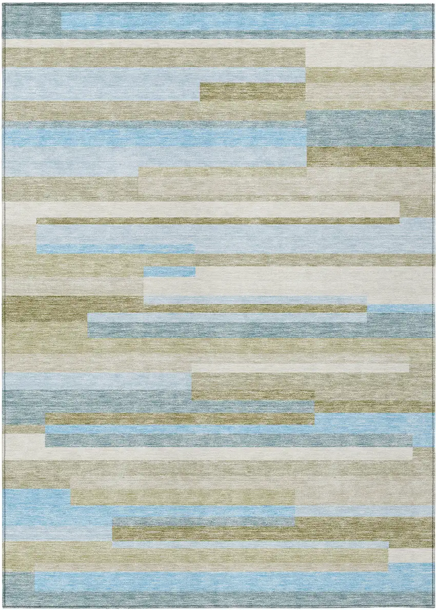 Sky Blue And Denim Blue Striped Washable Indoor Outdoor Area Rug Photo 1