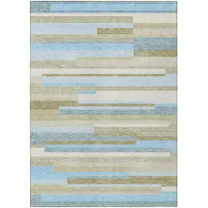 Photo of Sky Blue And Denim Blue Striped Washable Indoor Outdoor Area Rug
