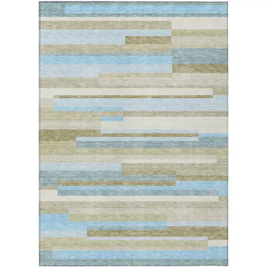 Sky Blue And Denim Blue Striped Washable Indoor Outdoor Area Rug Photo 1