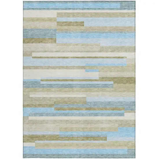 Sky Blue And Denim Blue Striped Washable Indoor Outdoor Area Rug Photo 5