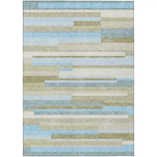 Sky Blue And Denim Blue Striped Washable Indoor Outdoor Area Rug Photo 1