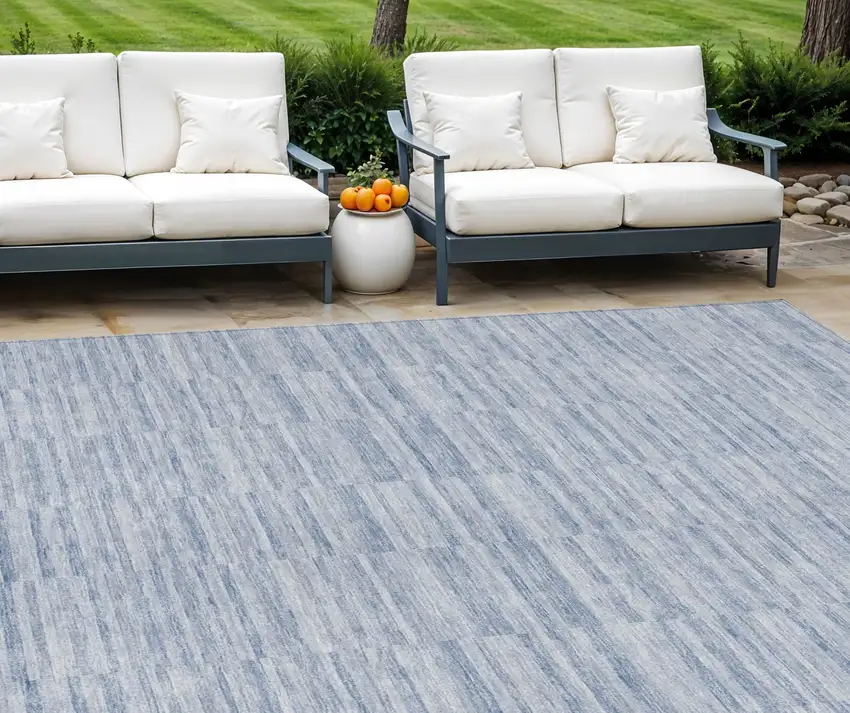 Sky Blue And Denim Blue Striped Washable Indoor Outdoor Area Rug Photo 1