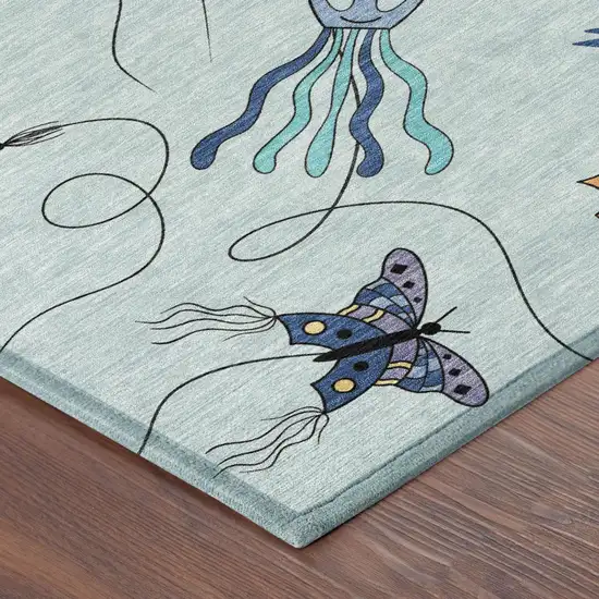 Sky Blue And Gold Geometric Washable Indoor Outdoor Area Rug Photo 7