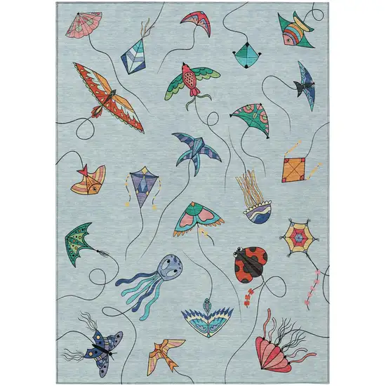 Sky Blue And Gold Geometric Washable Indoor Outdoor Area Rug Photo 2