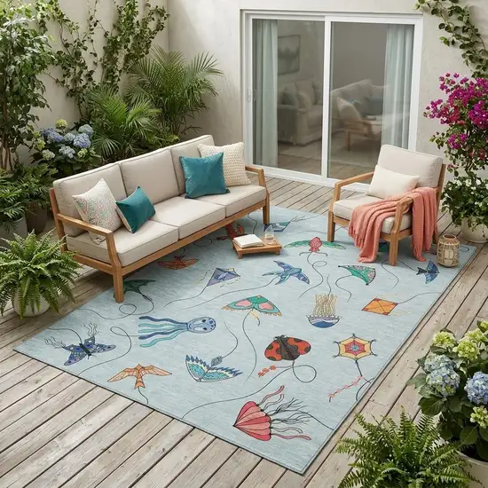 Sky Blue And Gold Geometric Washable Indoor Outdoor Area Rug Photo 1