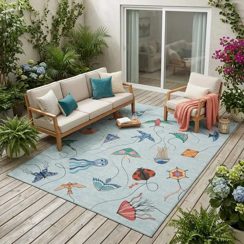 Sky Blue And Gold Geometric Washable Indoor Outdoor Area Rug Photo 1