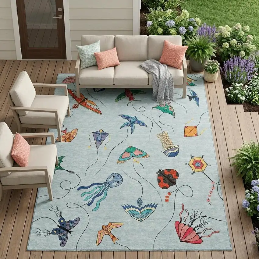 Sky Blue And Gold Geometric Washable Indoor Outdoor Area Rug Photo 1