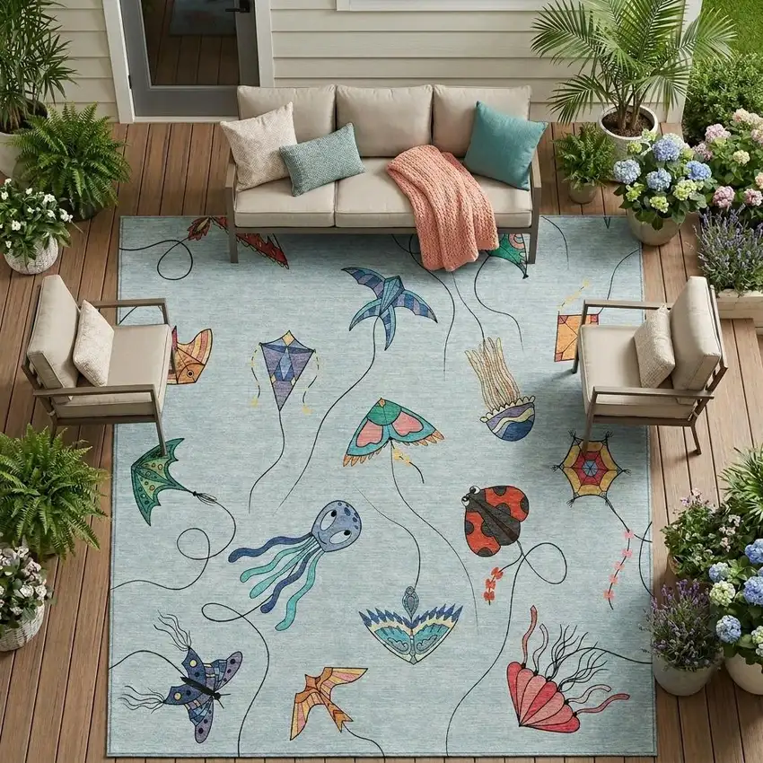Sky Blue And Gold Geometric Washable Indoor Outdoor Area Rug Photo 1