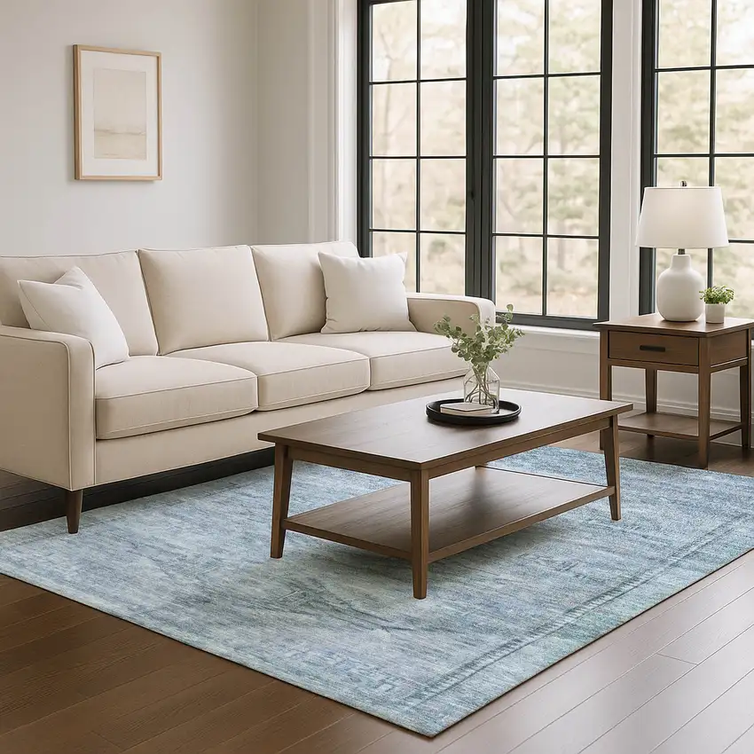 Sky Blue And Gray Abstract Geometric Washable Area Rug With UV Protection Photo 4