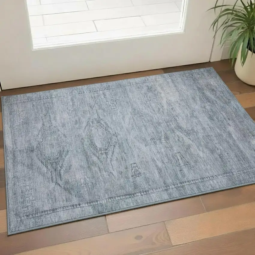 Sky Blue And Gray Abstract Geometric Washable Area Rug With UV Protection Photo 2