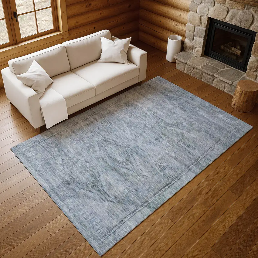 Sky Blue And Gray Abstract Geometric Washable Area Rug With UV Protection Photo 5
