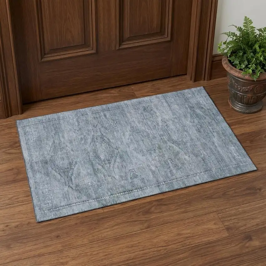 Sky Blue And Gray Abstract Geometric Washable Area Rug With UV Protection Photo 1