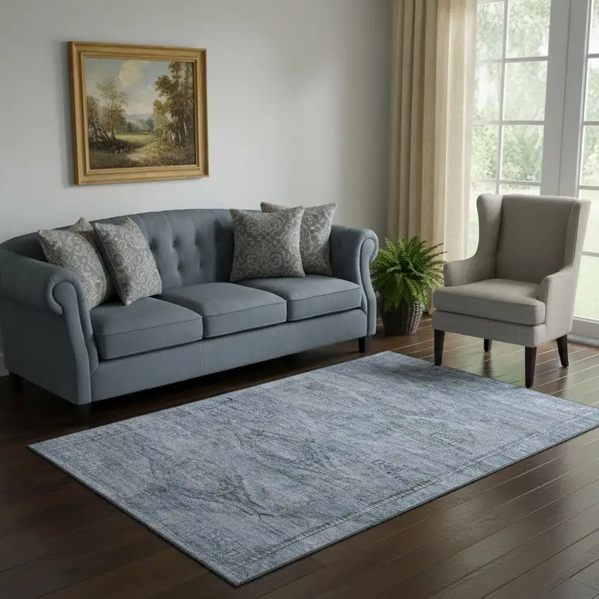 Sky Blue And Gray Abstract Geometric Washable Area Rug With UV Protection Photo 2