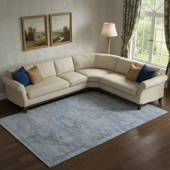 Sky Blue And Gray Abstract Geometric Washable Area Rug With UV Protection Photo 2