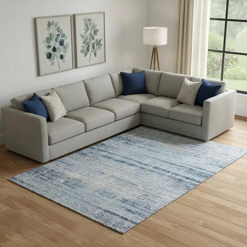 Sky Blue And Gray Abstract Washable Area Rug With UV Protection Photo 1