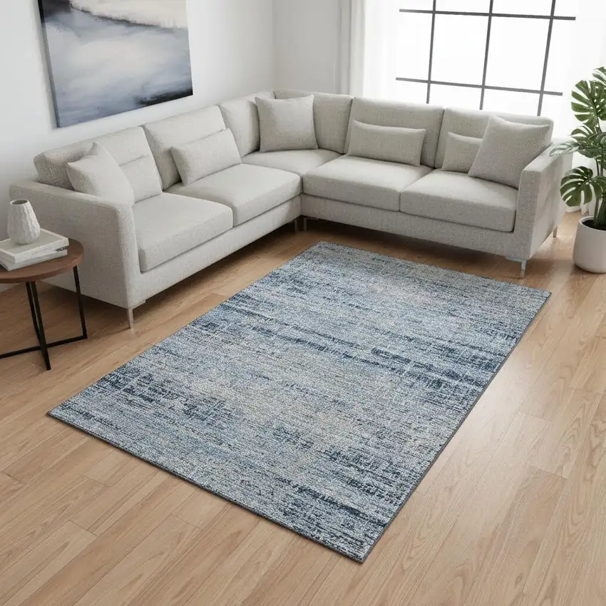 Sky Blue And Gray Abstract Washable Area Rug With UV Protection Photo 2
