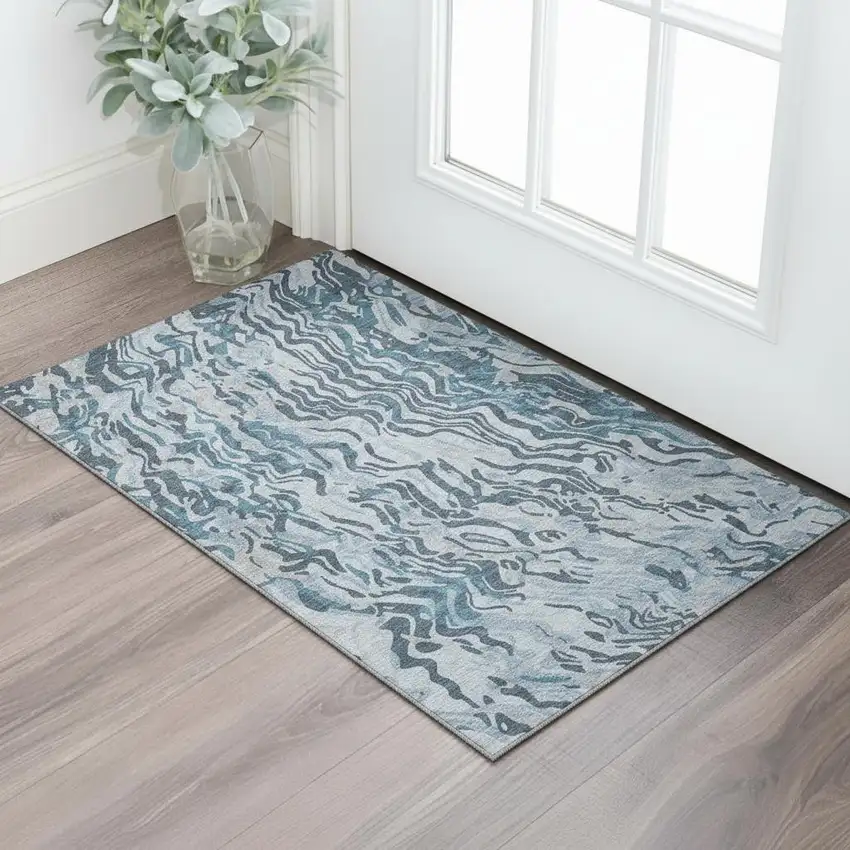 Sky Blue And Gray Abstract Washable Area Rug With UV Protection Photo 2