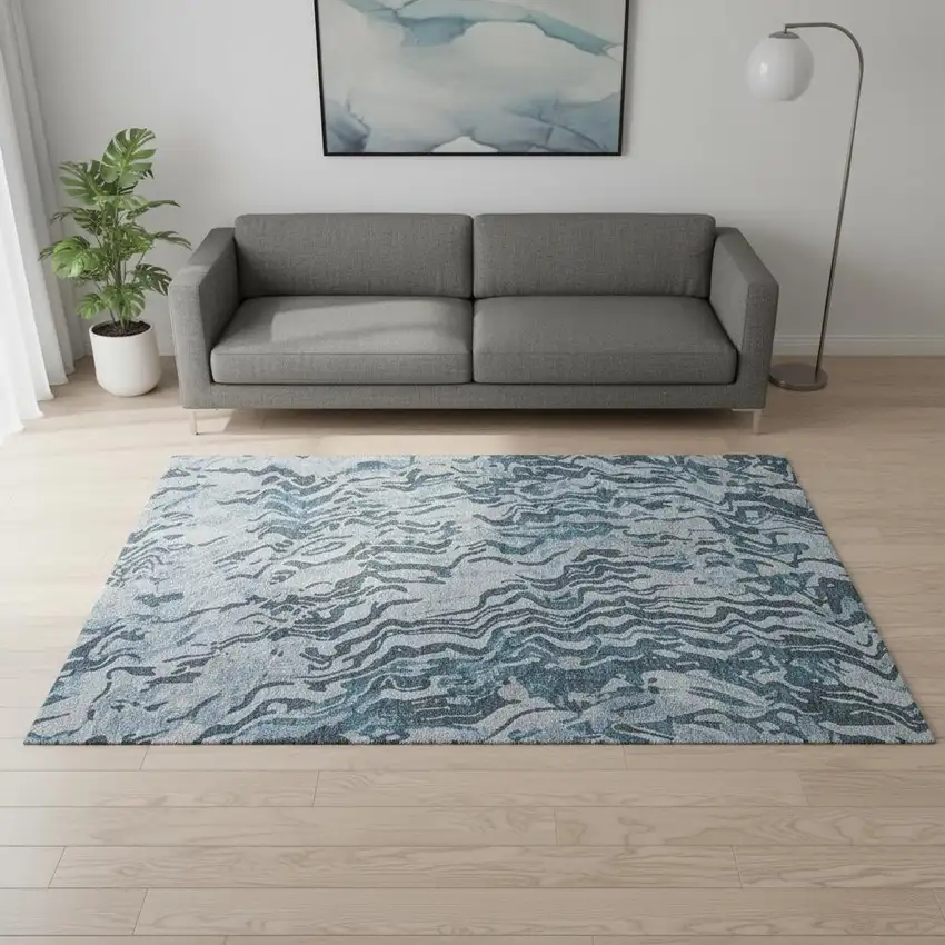 Sky Blue And Gray Abstract Washable Area Rug With UV Protection Photo 2